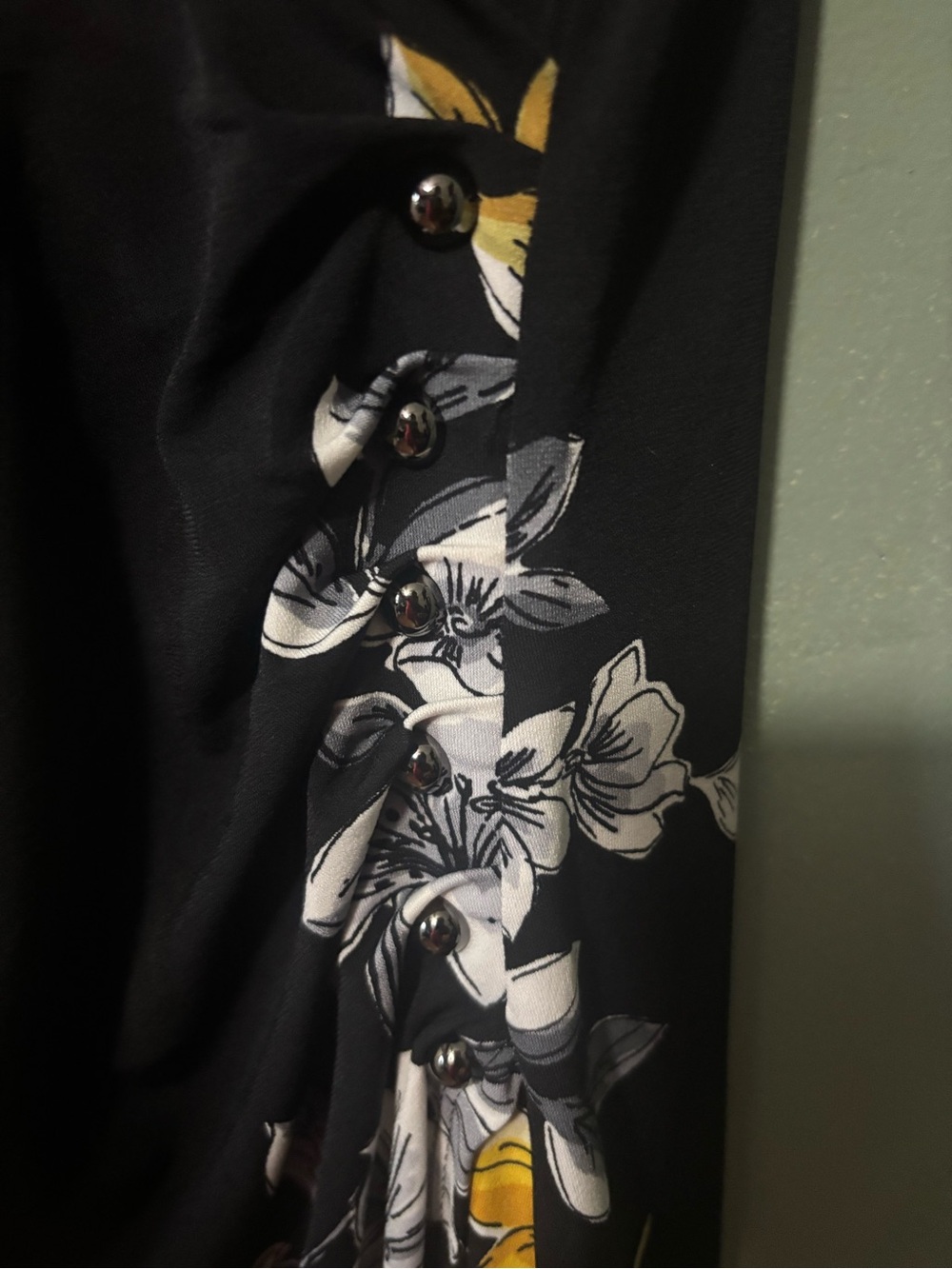 White House Black Market Black Floral Faux-Wrap Midi Dress with Yellow Accents - Picture 3 of 4